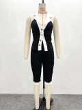Two piece set of sleeveless contrasting cardigan, vest top, five quarter pants