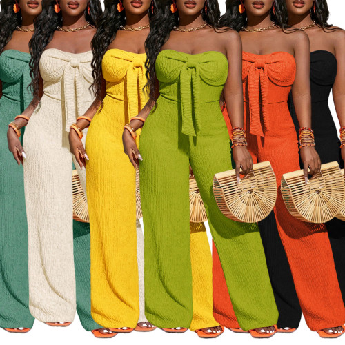 Bow tie strapless jumpsuit with texture, strapless wide leg pants