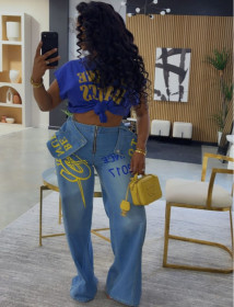 Printed jeans, letter painted wide leg straight leg pants