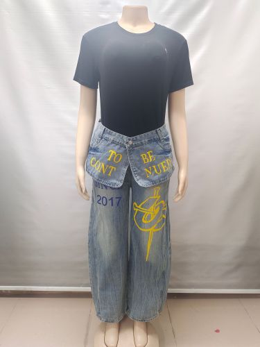 Printed jeans, letter painted wide leg straight leg pants