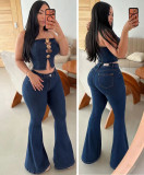 Strapless vest trumpet high waisted denim suit