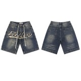 Colorful nail drill letter embroidered denim shorts five quarter length pants