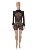 Mesh printed see through long sleeved round neck jumpsuit shorts D9551