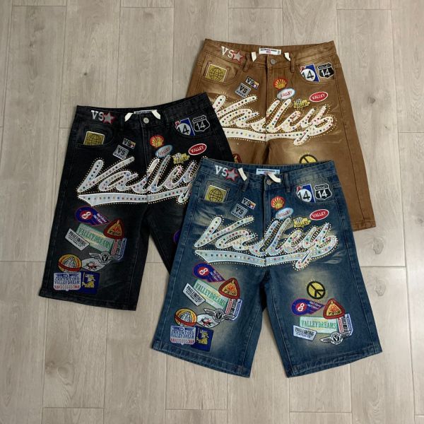 Colorful nail drill letter embroidery pattern denim shorts straight leg cropped pants