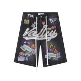 Colorful nail drill letter embroidery pattern denim shorts straight leg cropped pants