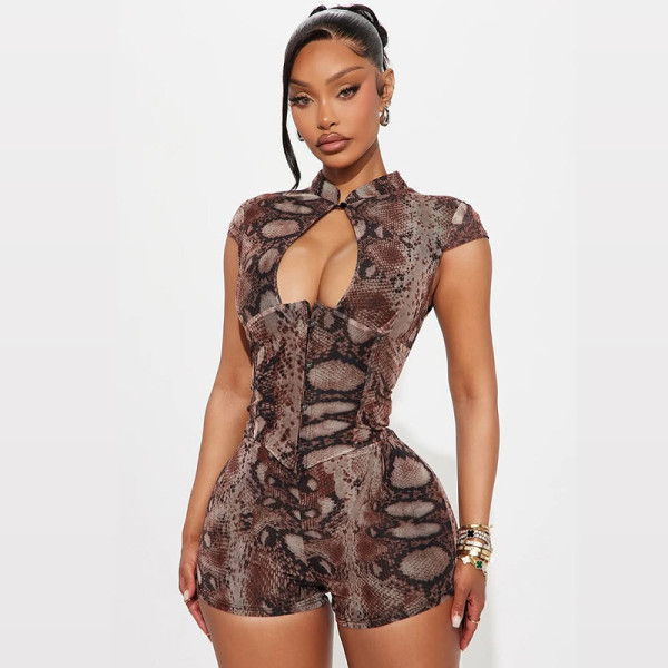 Printed sleeveless front hollow jumpsuit shorts J26RP251