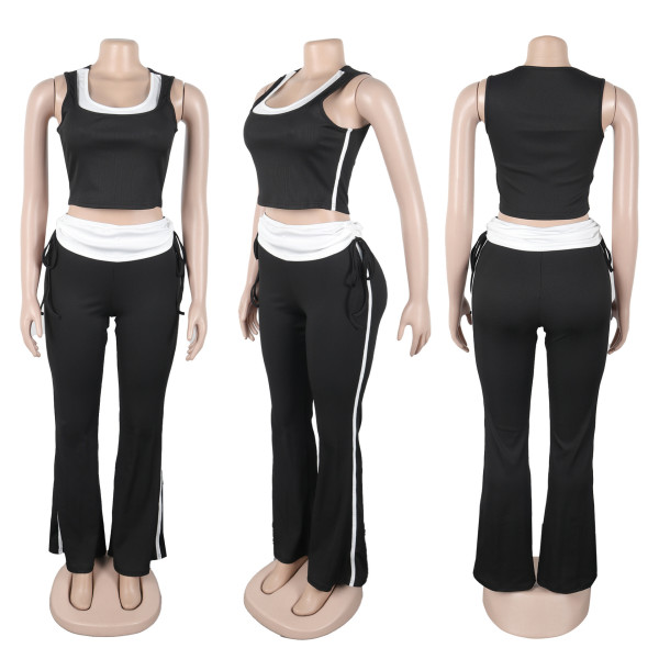 Two piece set of elastic splicing contrasting color groove strip sleeveless vest and pants K3639