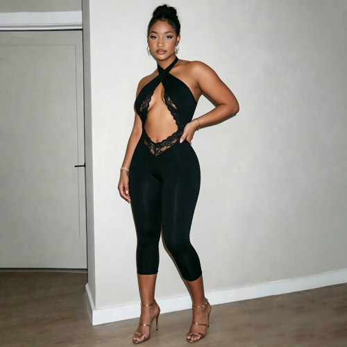 Hollow neck strap seven part jumpsuit C26JP232