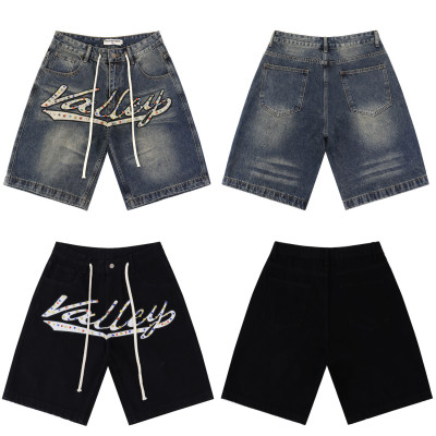 Colorful nail drill letter embroidered denim shorts five quarter length pants