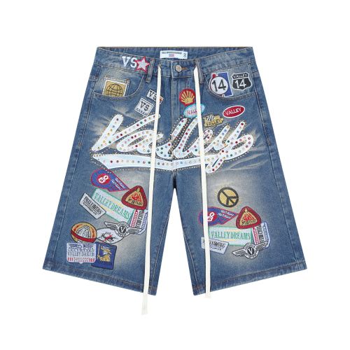 Colorful nail drill letter embroidery pattern denim shorts straight leg cropped pants