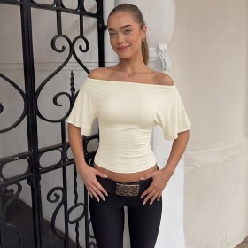 Back strap waist cinching short sleeved top