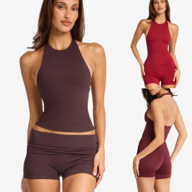 Hanging neck yoga vest high waist quick drying shorts set