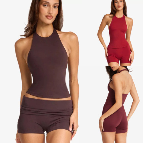 Hanging neck yoga vest high waist quick drying shorts set