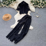 Heavy Industry Lace Hollow Short Sleeve Top Wide Leg Pants Two Piece Set