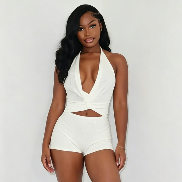 V-neck halter strap top, tight shorts, sequined two-piece set J26ST260