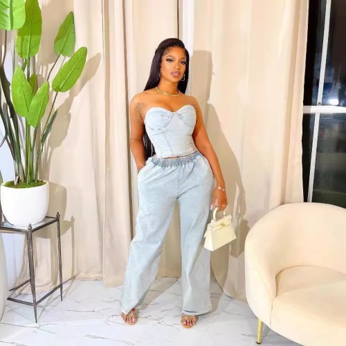 Sleeveless stretch denim two-piece set YM5315