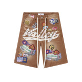 Colorful nail drill letter embroidery pattern denim shorts straight leg cropped pants