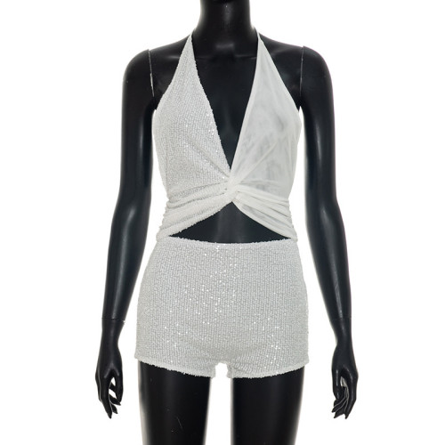 V-neck halter strap top, tight shorts, sequined two-piece set J26ST260