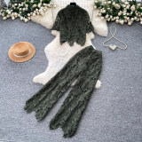 Heavy Industry Lace Hollow Short Sleeve Top Wide Leg Pants Two Piece Set
