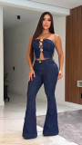 Strapless vest trumpet high waisted denim suit