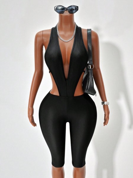Waist hanging neck tight solid color jumpsuit TJY8236