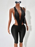 Waist hanging neck tight solid color jumpsuit TJY8236