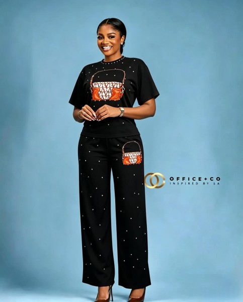 Hot stamping handbag printed two-piece set, short sleeved drawstring wide leg pants set C1077857068446