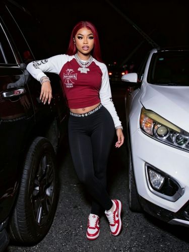 Shoulder long sleeved T-shirt with printed letters and color blocking tight pants two-piece set FC1561