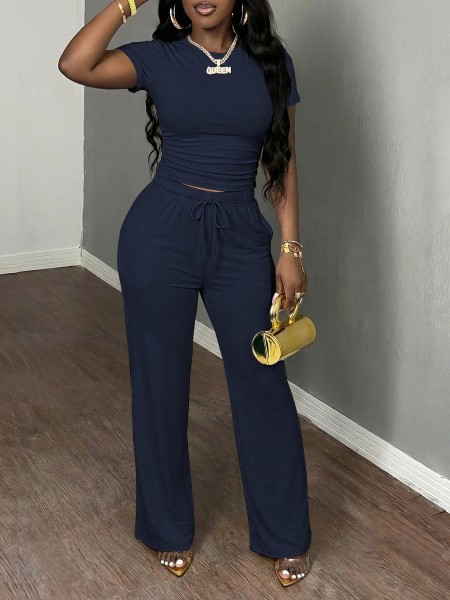 Short sleeved pleated top sports pants two-piece set H0385