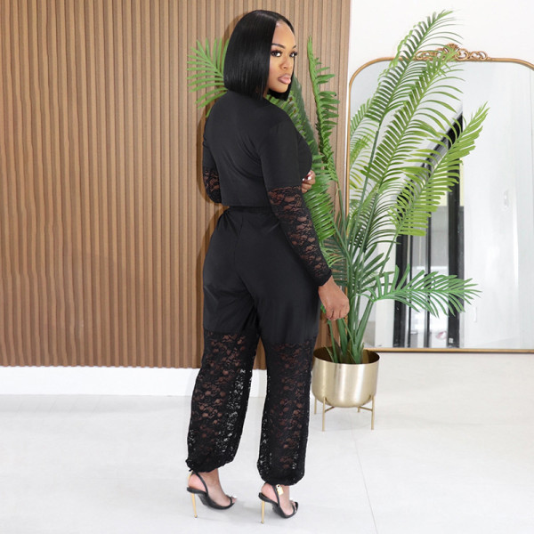 Perspective lace patchwork long sleeved top paired with ankle length pants two-piece set D26ST356