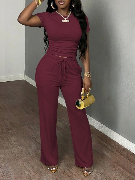 Short sleeved pleated top sports pants two-piece set H0385