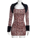 Leopard print splicing plush long sleeved short skirt two-piece set Q26ST215