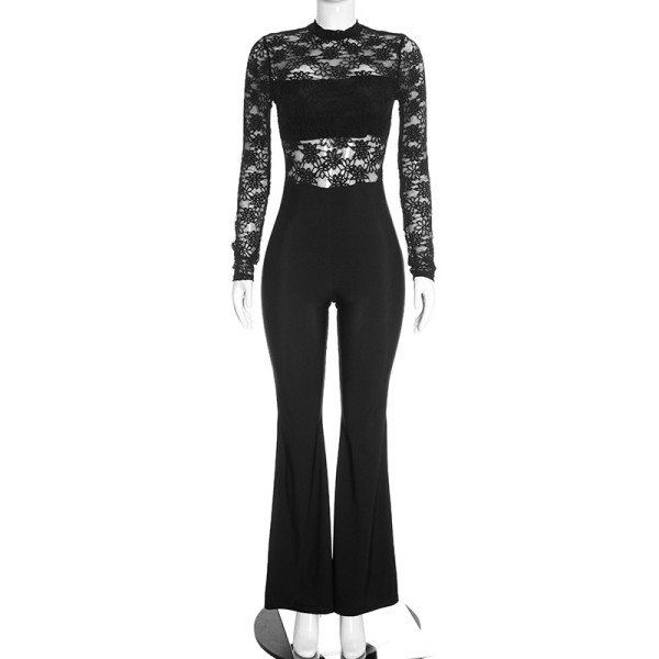 Half high collar lace patchwork long sleeved one-piece micro flared pants D26JP312