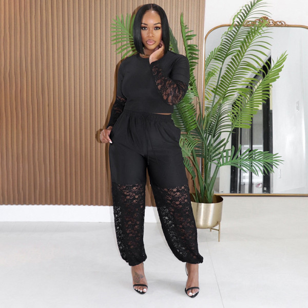 Perspective lace patchwork long sleeved top paired with ankle length pants two-piece set D26ST356