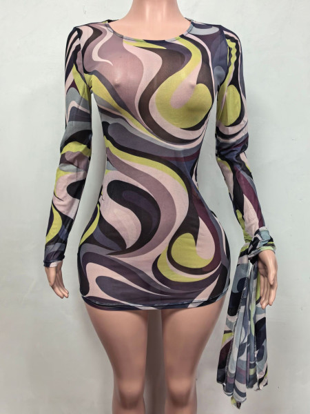 Printed tight mesh long sleeved jumpsuit short skirt with headscarf FC1579