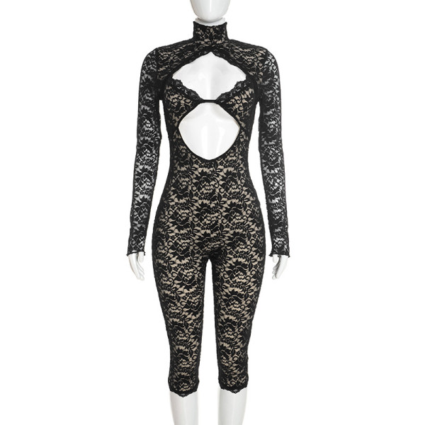 Fake two-and-a-half high necked lace hollow out long sleeved seven part jumpsuit pants D26JP337