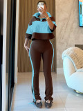 Color blocked Polo collar button half sleeve striped micro flared pants two-piece set HR26036