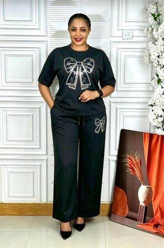 Large round neck short sleeved rhinestone bow wide leg pants set S1077236420325