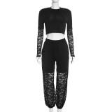 Perspective lace patchwork long sleeved top paired with ankle length pants two-piece set D26ST356