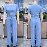 Short sleeved pleated top sports pants two-piece set H0385