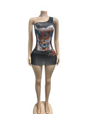 Printed cross shoulder tight dress FC1519