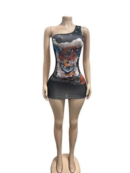 Printed cross shoulder tight dress FC1519