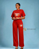 Hot stamping handbag printed two-piece set, short sleeved drawstring wide leg pants set C1077857068446