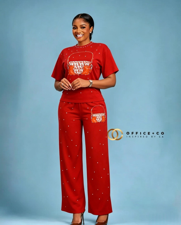 Hot stamping handbag printed two-piece set, short sleeved drawstring wide leg pants set C1077857068446