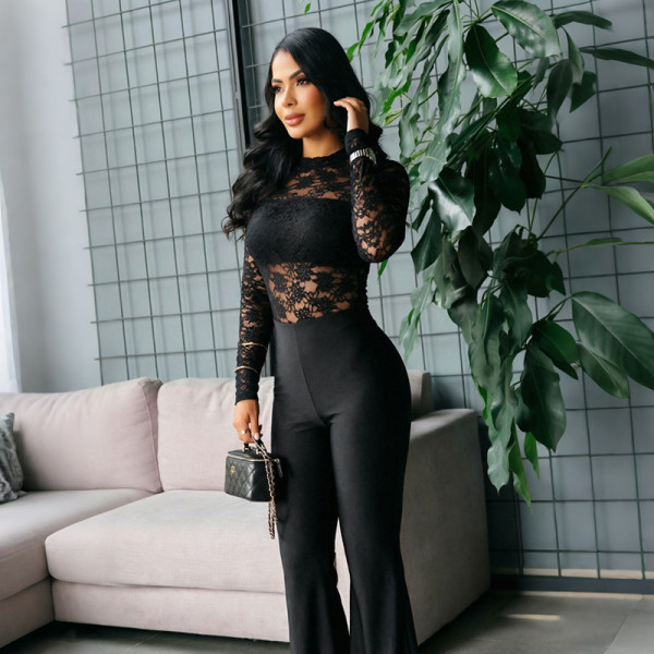 Half high collar lace patchwork long sleeved one-piece micro flared pants D26JP312