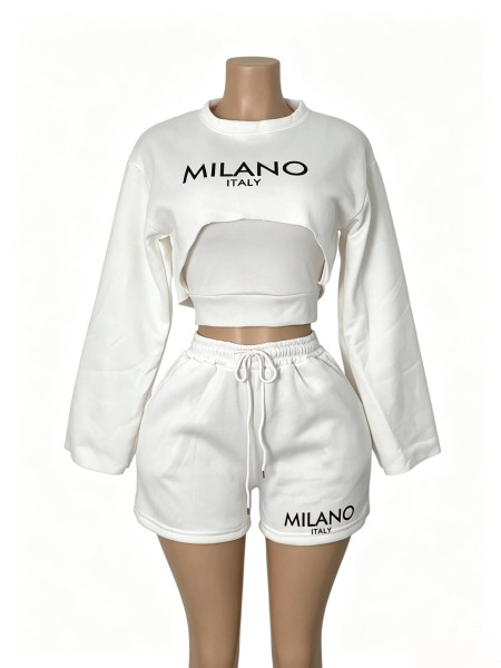 Large letter printed long sleeved cover shirt+inner vest+drawstring shorts three piece set S1076990631737