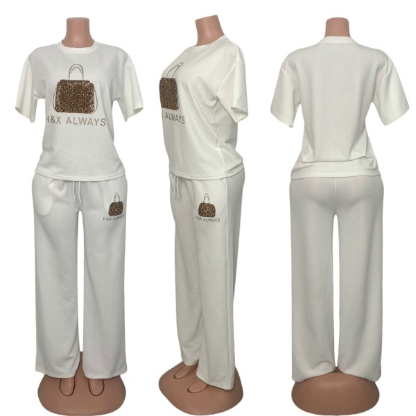 Diamond hot short sleeved wide leg pants two-piece set S1077577700836