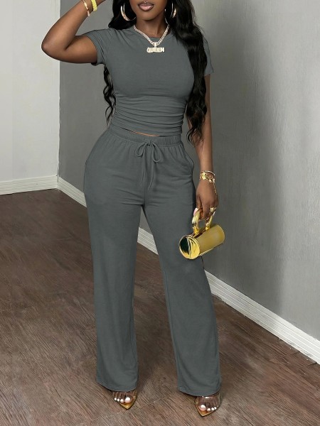 Short sleeved pleated top sports pants two-piece set H0385