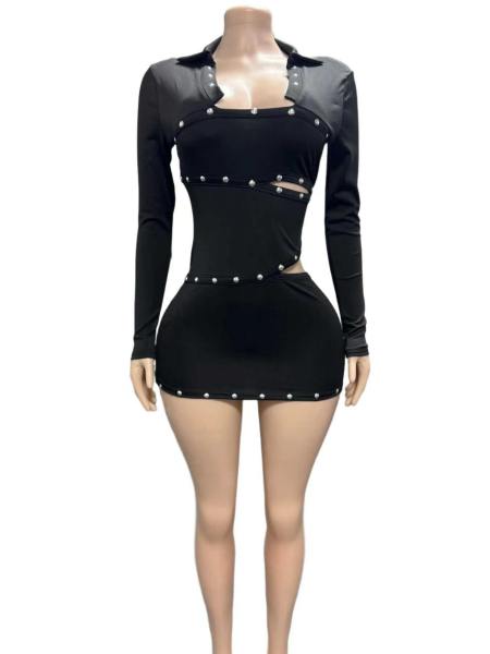 Deep V tight long sleeved top, hip hugging short skirt cover FC1508