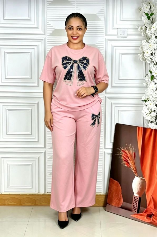 Large round neck short sleeved rhinestone bow wide leg pants set S1077236420325